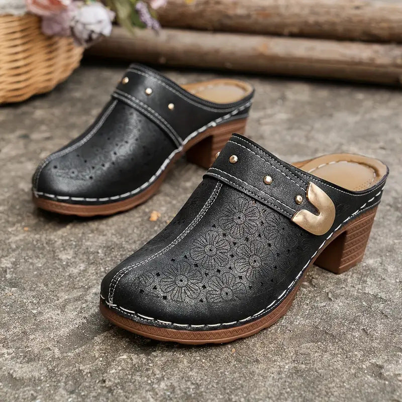 Damen elegante Clogs mit modischem Blumendesign und geschmackvoller Schnalle EB