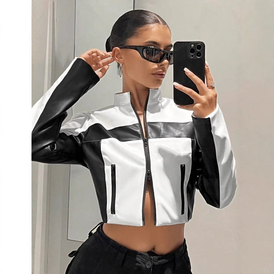 Damen Sportliche cropped Jacke aus Kunstleder mit Kontrastdetails EB