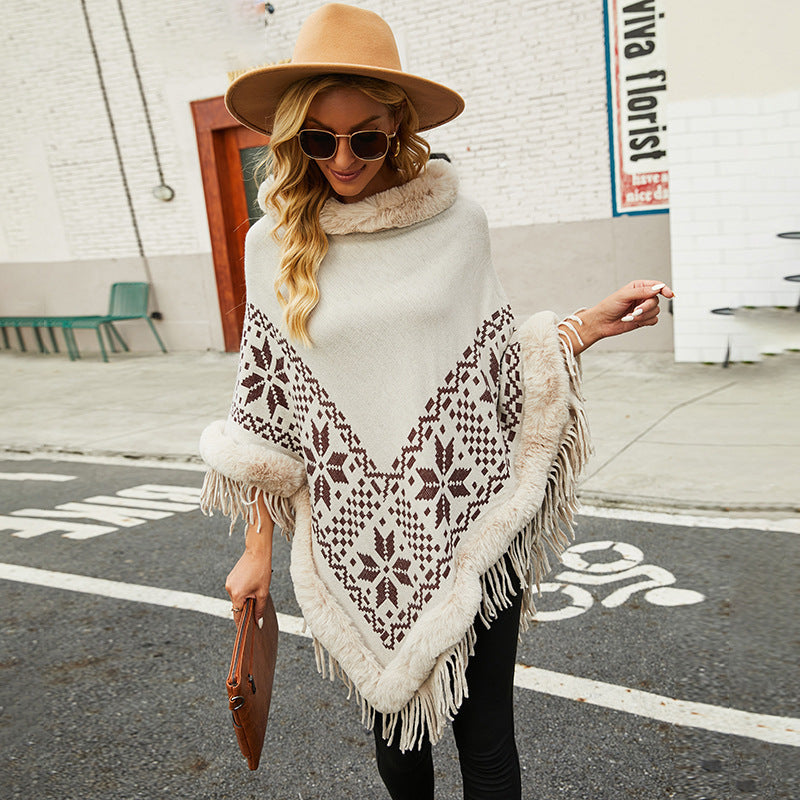 Damen eleganter Poncho mit dekorativem Fransen-Design und Kunstfellbesatz EB