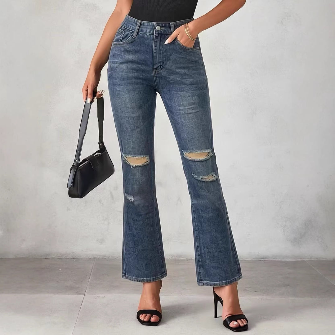Damen nan High‑Waist Schlagjeans mit Distressed-Kniepartie und strukturierter Denim-Optik EB