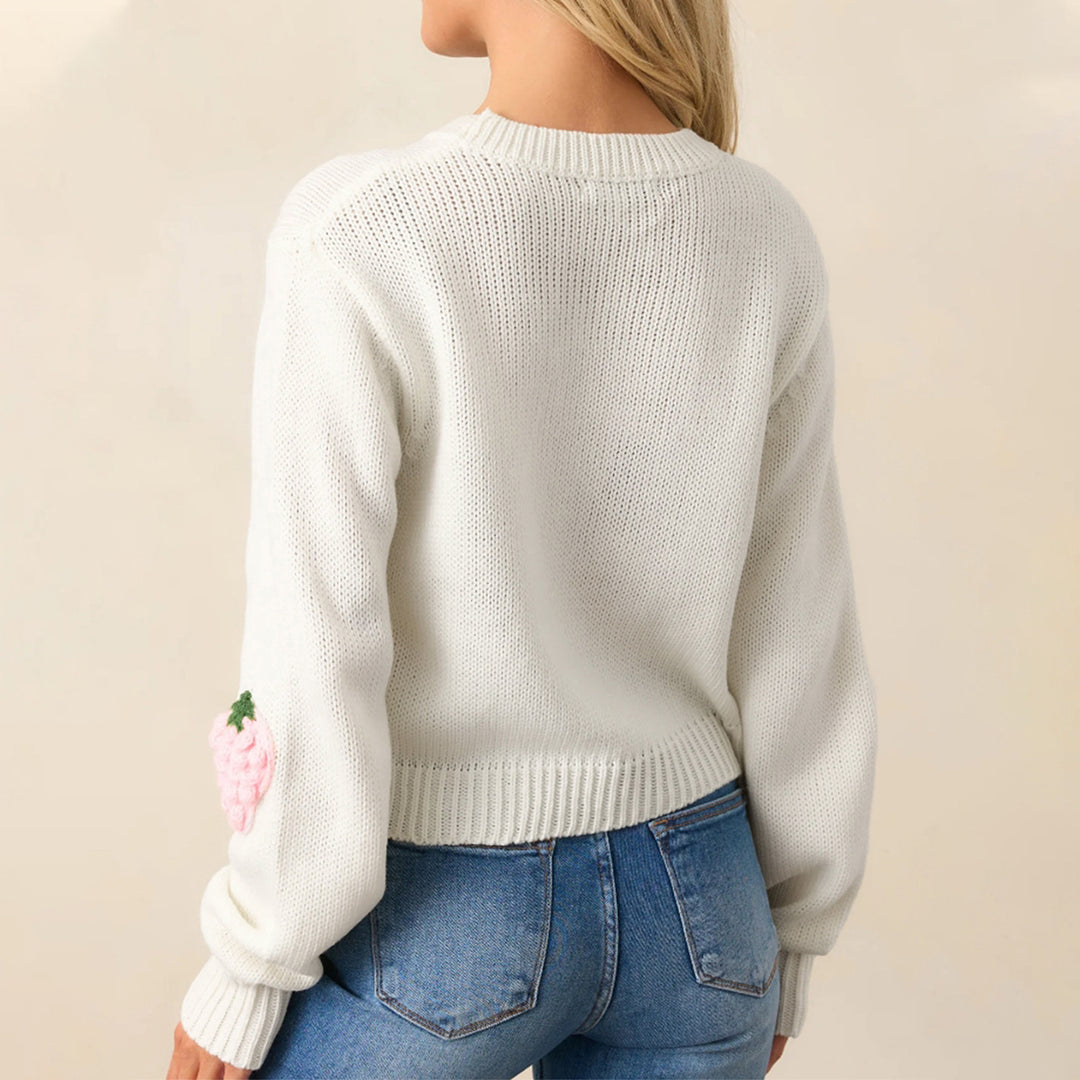 Damen Strickpullover mit Erdbeer-Applikationen und lässigem Schnitt EB