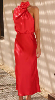 Damen Fließendes Maxikleid mit elegantem Stehkragen und Drapierung EB