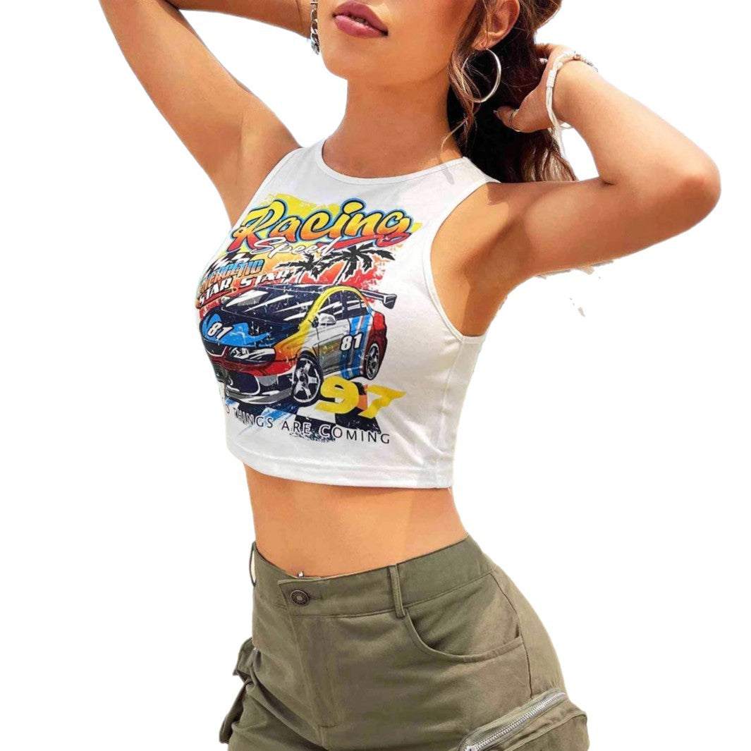 Damen Cropped Tank-Top mit kreativem Rennsport-Motiv und lässigem Schnitt EB