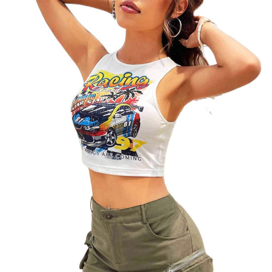 Damen Cropped Tank-Top mit kreativem Rennsport-Motiv und lässigem Schnitt EB