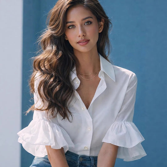 Damen Elegante Bluse mit Rüschendetails und hochwertigem Baumwollstoff EB