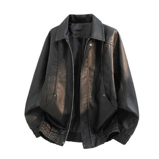 Herren oversized Kunstleder-Fieldjacke mit verdecktem Reißverschluss, elastischem Saum und aufgesetzten Taschen EB