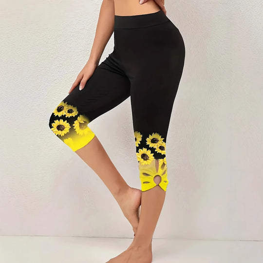 Damen Capri-Leggings mit einzigartigem Sonnenblumen-Design und hohem Bund EB
