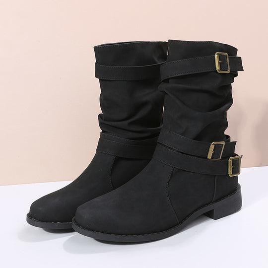 Damen modische Stiefeletten mit stylishen Schnallen und raffiniertem Falten-Design EB
