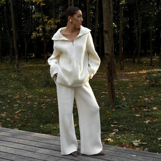 Damen Strick-Loungewear-Ensemble mit weitem Schnitt und hohem Kragen EB