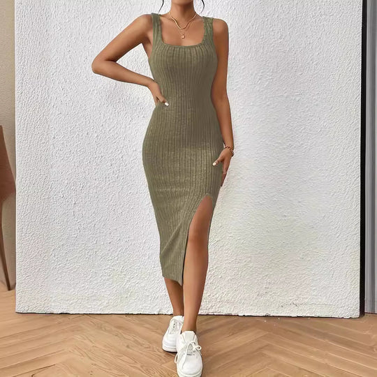 Damen figurbetontes Maxikleid mit hohem Schlitz und dekorativem Rippenmuster EB