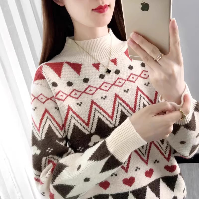 Damen festlicher Strickpullover im modernen Weihnachtsdesign mit geometrischem Muster und komfortablem Rundhalsausschnitt EB