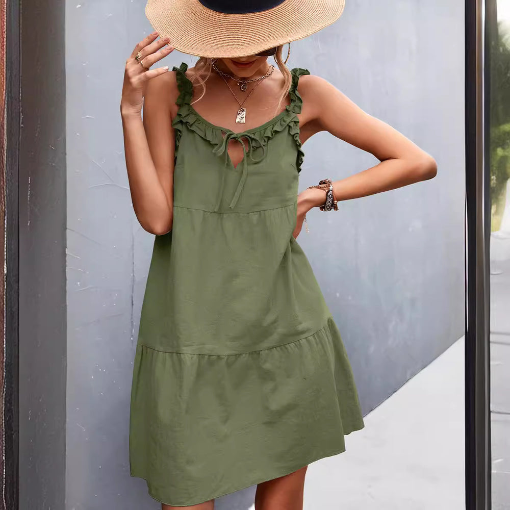 Damen lässiges Sommerkleid mit Rüschendetails und verstellbarem Taillenzug EB