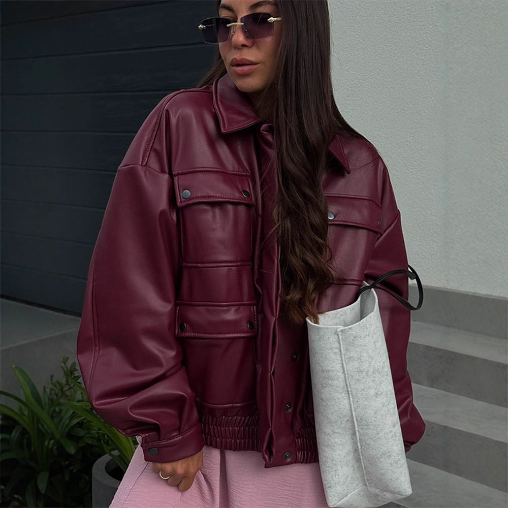 Damen oversized Kunstlederjacke mit funktionalen Taschen und elastischem Bund EB
