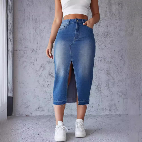 Damen nan figurbetonter Highwaist-Denim-Bleistiftrock mit vorderlichem Oberschenkelschlitz und rohem Saum EB