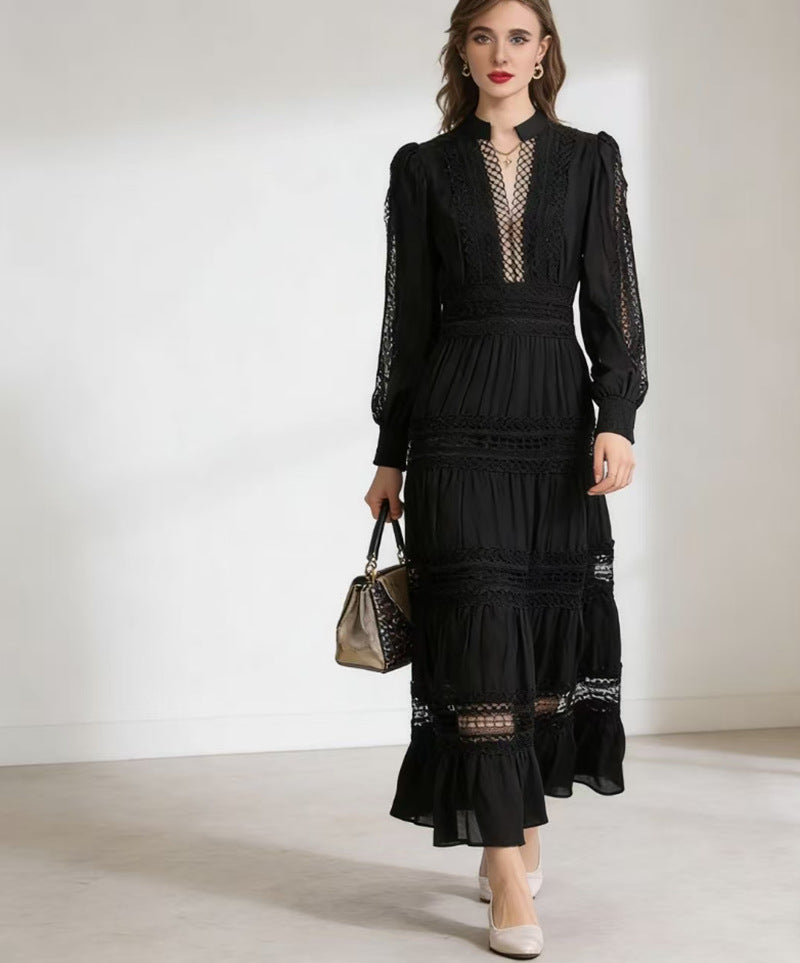 Damen romantisches Maxikleid mit transparenten Einsätzen und Rüschendetails EB