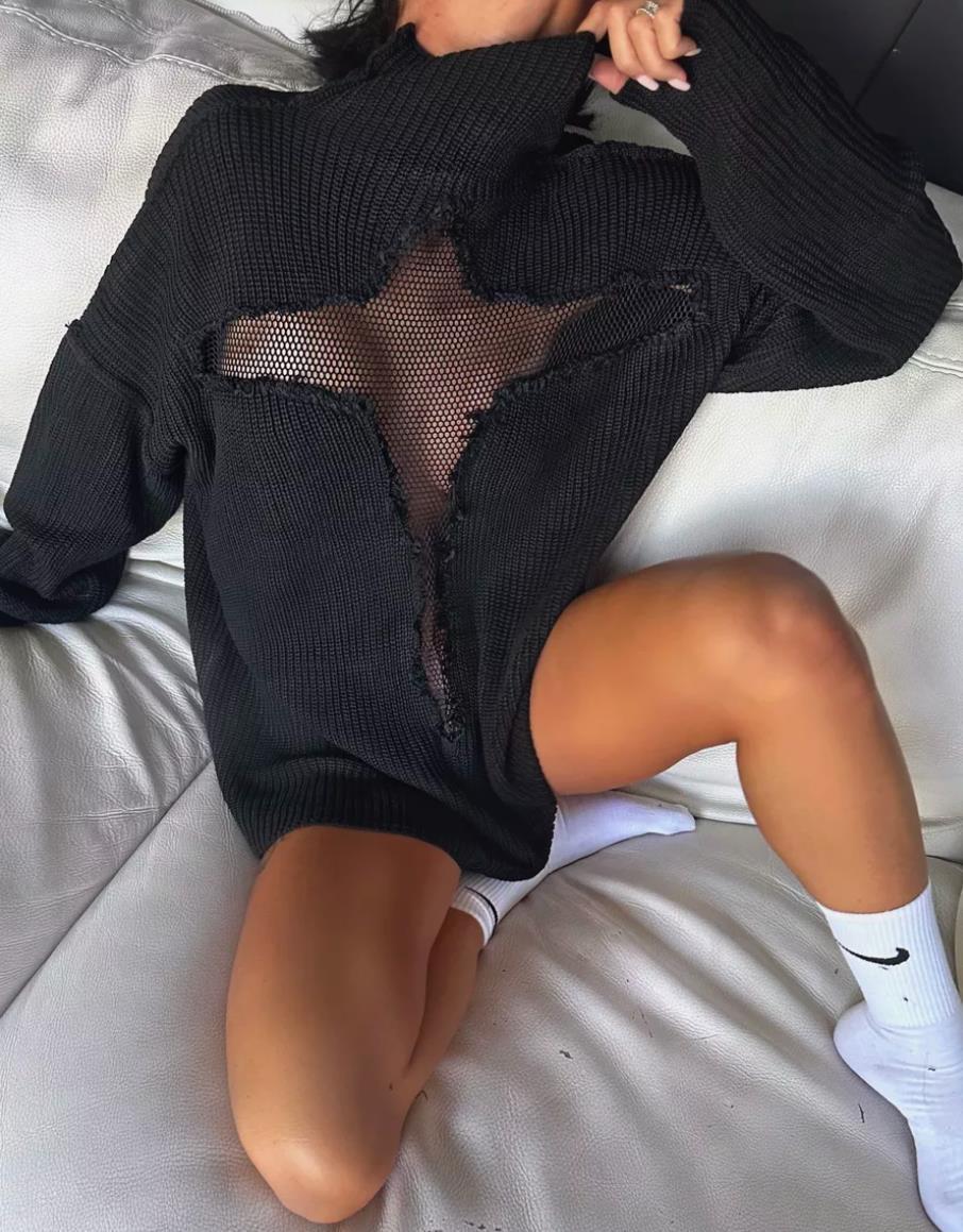 Damen Oversized Strickpullover mit aufregendem Mesh-Einsatz und unkonventionellem Design EB