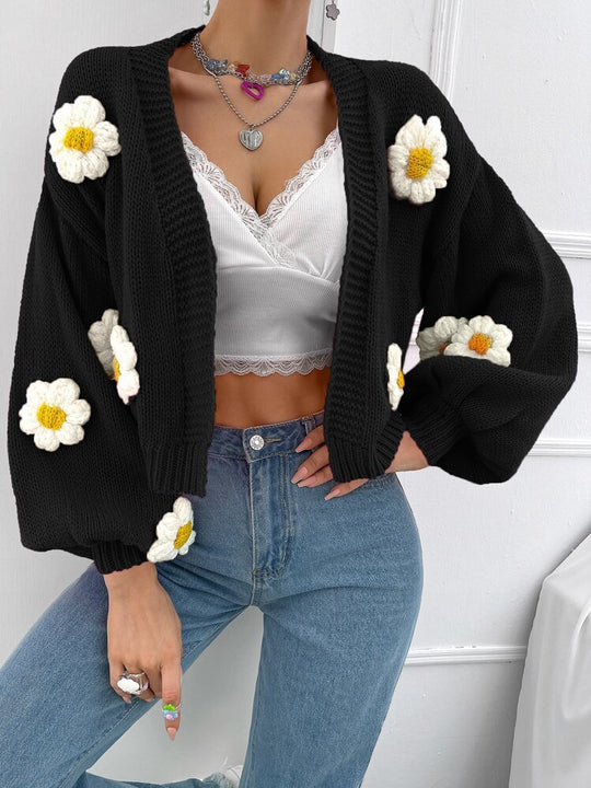 Damen Kurzgeschnittener Grobstrick-Cardigan mit 3D-Blütenapplikationen EB