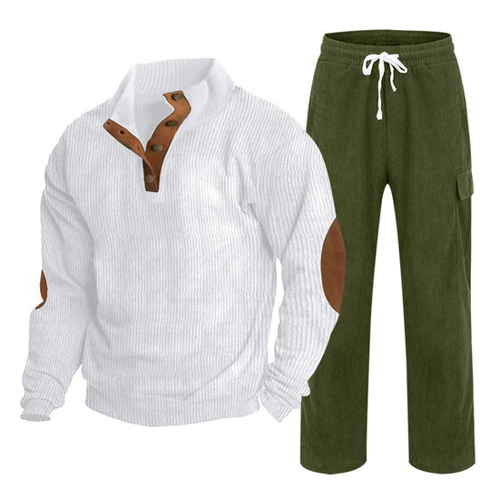 Herren nan Strick-Freizeitset mit Knopfleiste und Ellenbogenaufnähern sowie Cord-Cargohose EB
