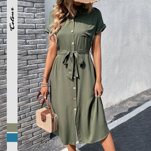 Damen Hemdblusenkleid mit tailliertem Bindegürtel und zeitlosem Knopfdesign EB