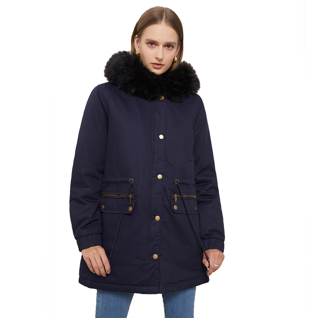Damen isolierte Parka-Jacke mit abnehmbarem Kunstfellkragen und verstellbarem Taillenzug EB