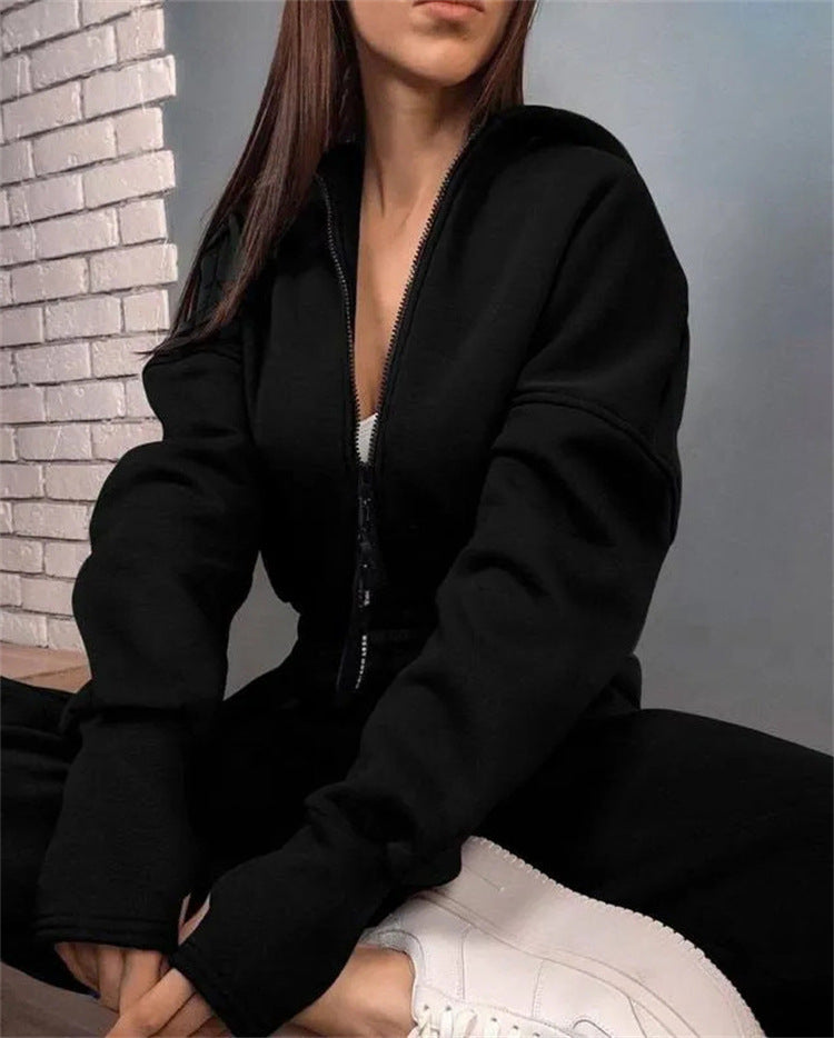 Damen Taillierter Kapuzen-Sweat-Jumpsuit mit Reißverschluss und elastischem Taillenbund EB