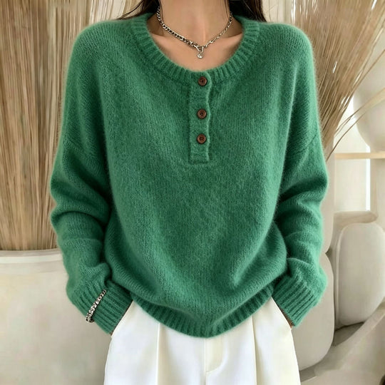 Damen Kuscheliger Rundhals-Henley-Pullover mit Knopfleiste und Raglanärmeln EB
