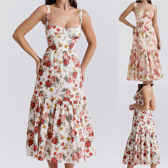 Damen Maxikleid mit floralem Print und voluminösem Rock EB