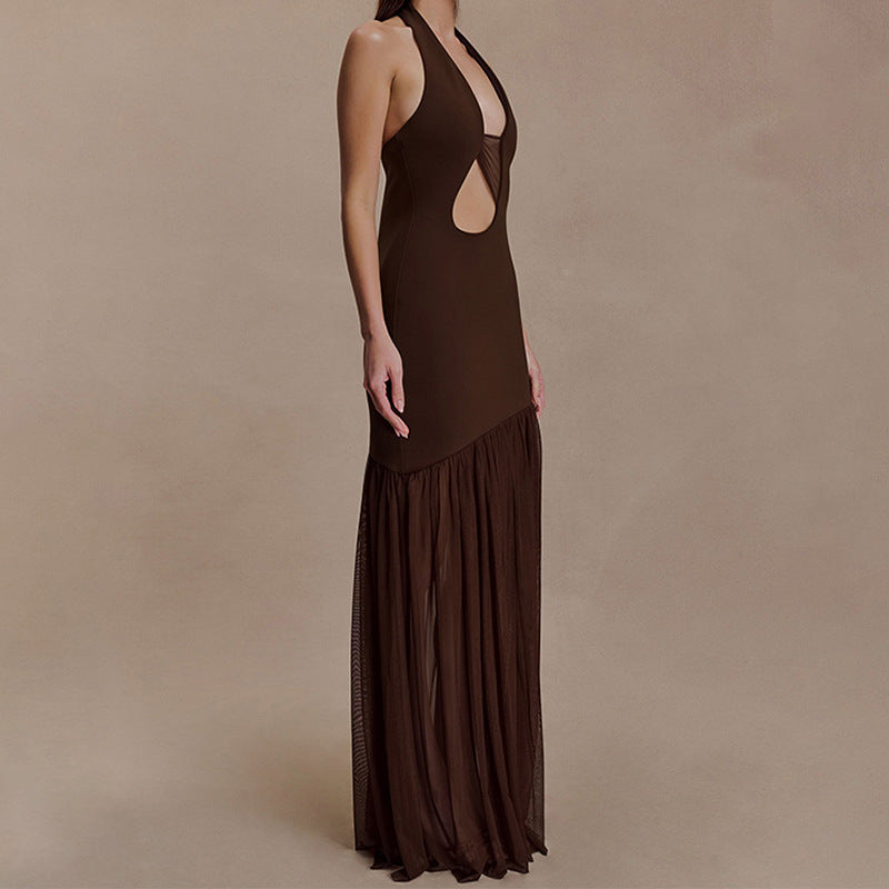 Damen Elegantes Maxikleid mit asymmetrischem Schnitt und tiefem V-Ausschnitt EB