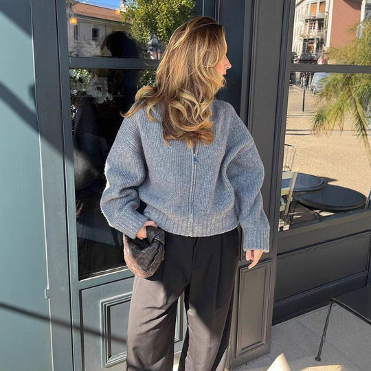Damen modische Strickjacke mit Reißverschluss und gemütlichem Schnitt EB