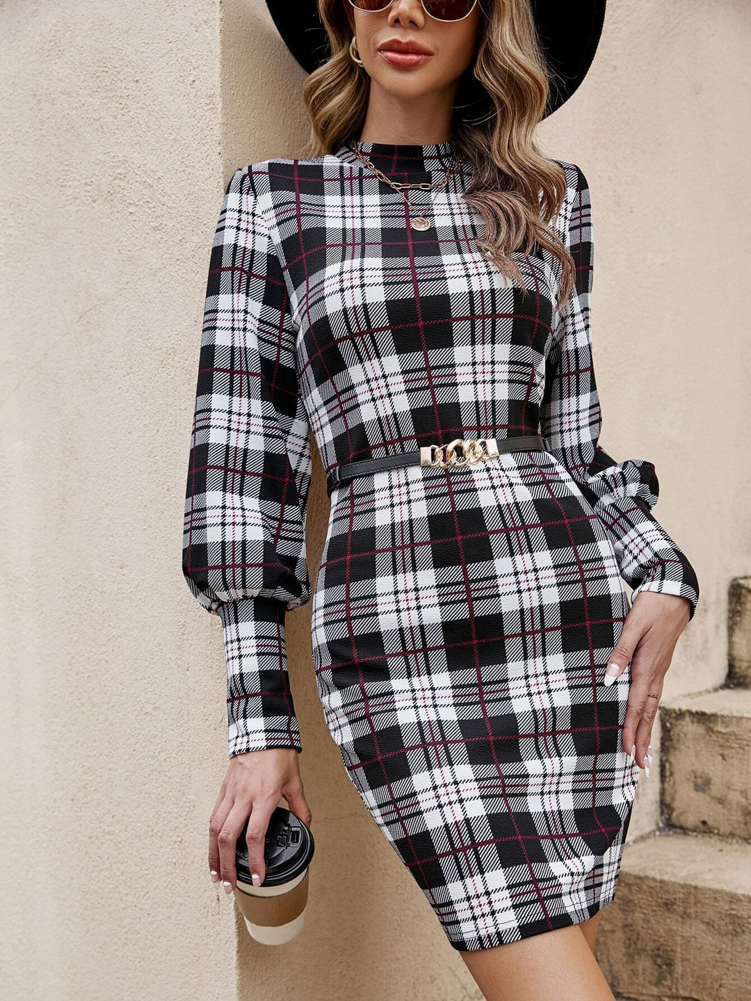 Damen figurbetontes Tartan-Kleid mit langen Ärmeln und Taillengürtel EB