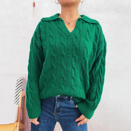 Damen Grobstrickpullover mit farbenfrohem Zopfdesign und klassischem Kragen EB