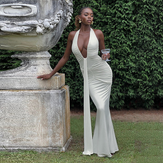 Damen Elegantes Maxikleid mit raffinierten Drapierungen und tiefem V-Ausschnitt EB