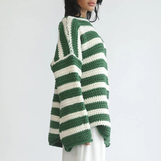 Damen gestreifter Grobstrickpullover mit lässigem Schnitt und weitem Arm EB