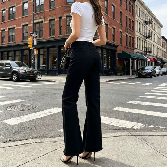 Damen nan hochgeschnittene Flared-Jeans mit taillierendem Bund, leichtem Stretch und rohem Saum EB