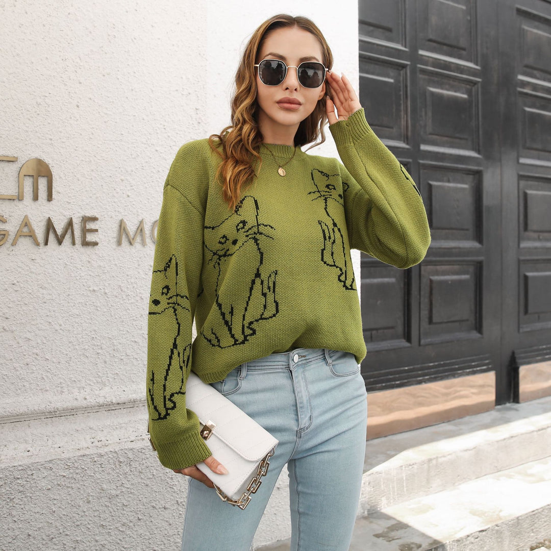 Damen Strickpullover mit verspieltem Katzenmotiv und lässigem Schnitt EB