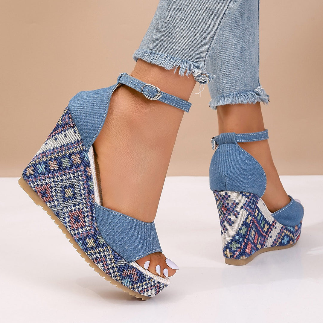 Damen Wedge-Pantoletten mit buntem Muster und elastischem Riemen EB