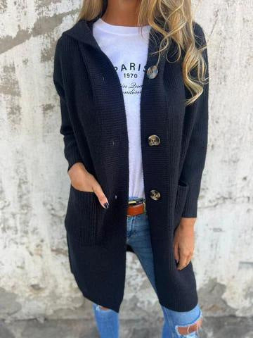 Damen Lange Strickjacke mit hochwertiger Rippstruktur und eleganten Knöpfen EB