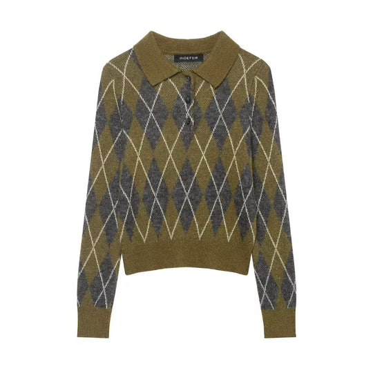 Damen nan Argyle-Polo-Strickpullover mit Cropped-Schnitt, Rippbündchen und Knopfleiste EB