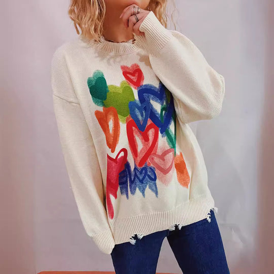 Damen Freizeitpullover mit buntem Herzmotiv und lässigem Schnitt EB