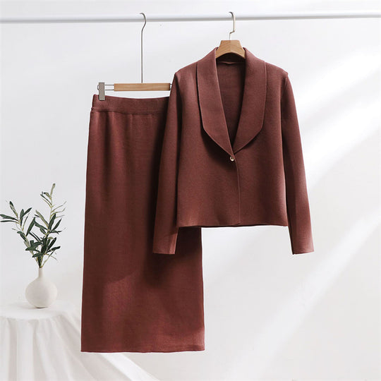 Damen elegantes Strickensemble mit Blazer und Midi-Rock EB