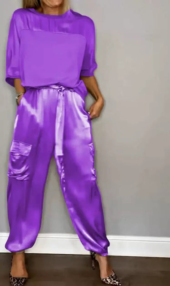 EB | Solide Farbe glatt Satin Top zweiteilige Set für Frauen
