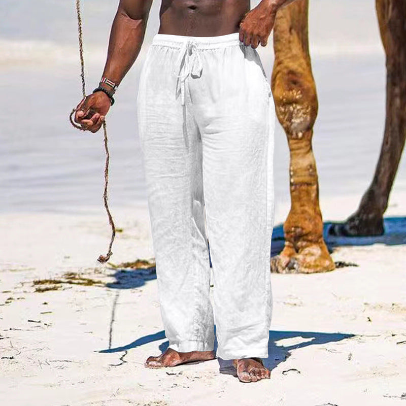 Herren lässige Strandhose aus leichtem Leinenstoff mit elastischem Bund und Kordelzug EB