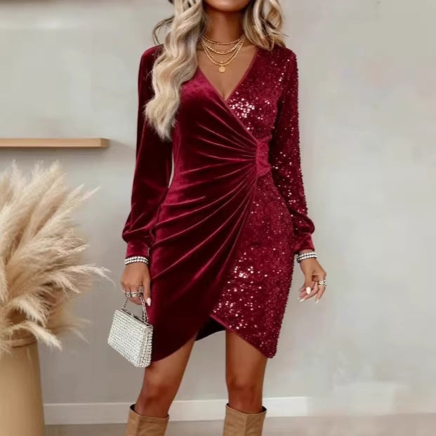 Damen Glamouröses Wickelkleid mit Pailletten und schimmernden Details EB