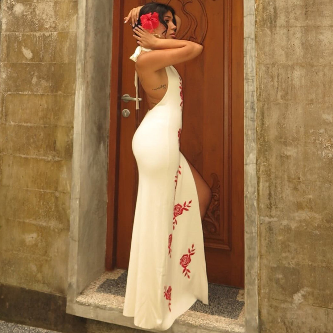 Damen Elegantes Maxikleid mit floralem Print und transparentem Schlitz EB