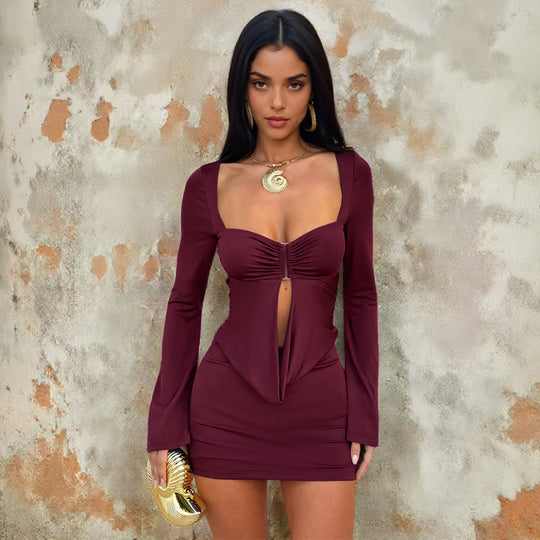 Damen figurbetontes Minikleid mit raffinierten Rüschendetails und elegantem Ausschnitt EB