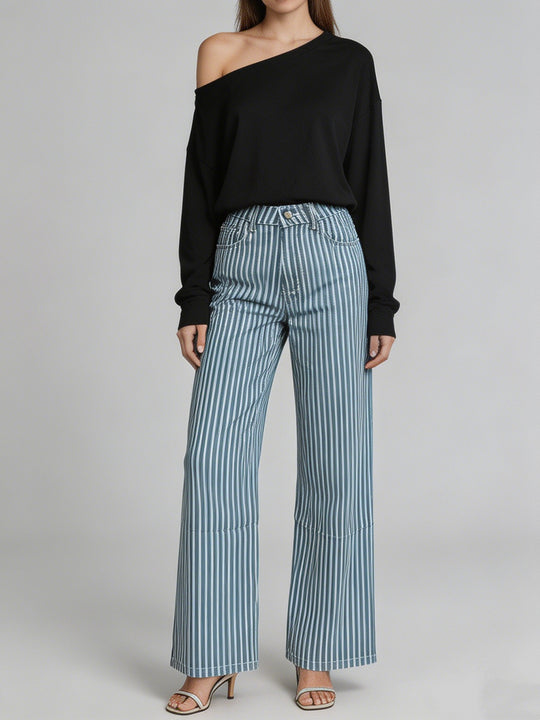 Damen nan weite High-Waist Palazzohose mit vertikalen Streifenoptik und abgesteppten Kniepartien EB