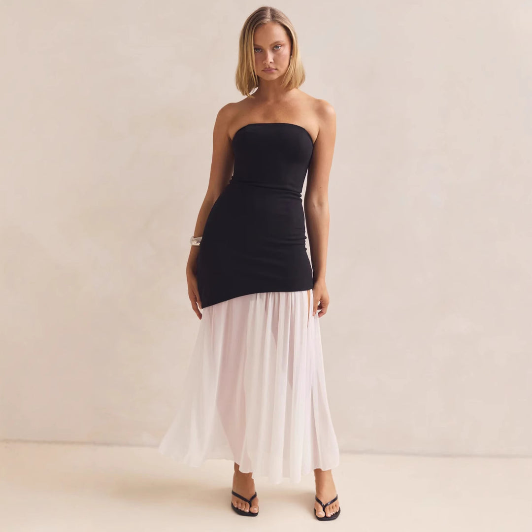 Damen Elegantes Bandeau-Maxi-Kleid mit fließendem Chiffon-Rock und figurbetontem Oberteil EB