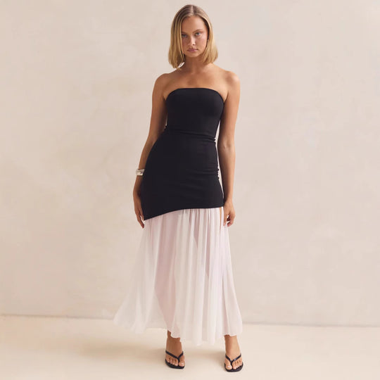 Damen Elegantes Bandeau-Maxi-Kleid mit fließendem Chiffon-Rock und figurbetontem Oberteil EB