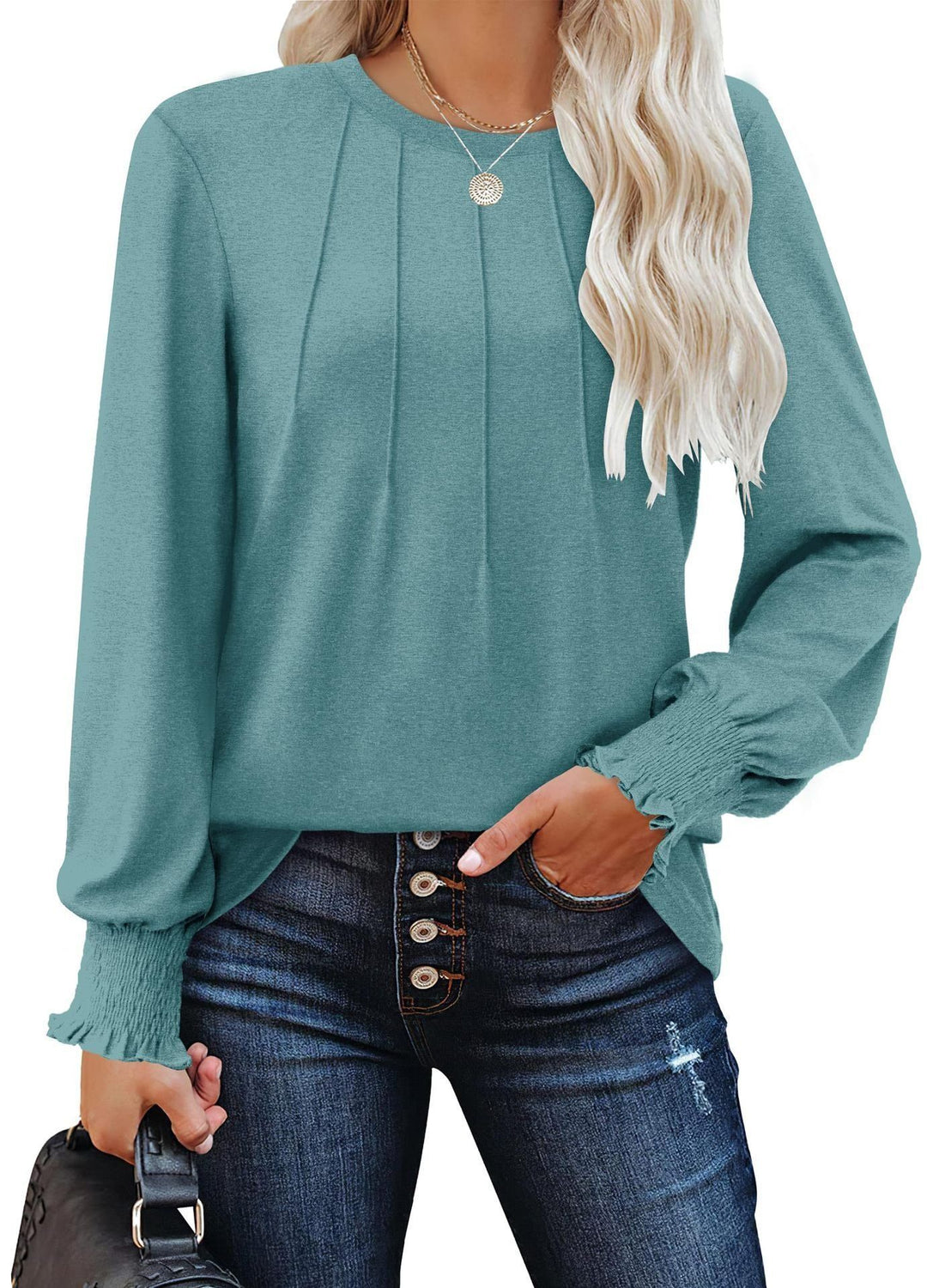 Damen Longsleeve-Tunika mit senkrechten Biesen und gerafften Rüschbündchen EB