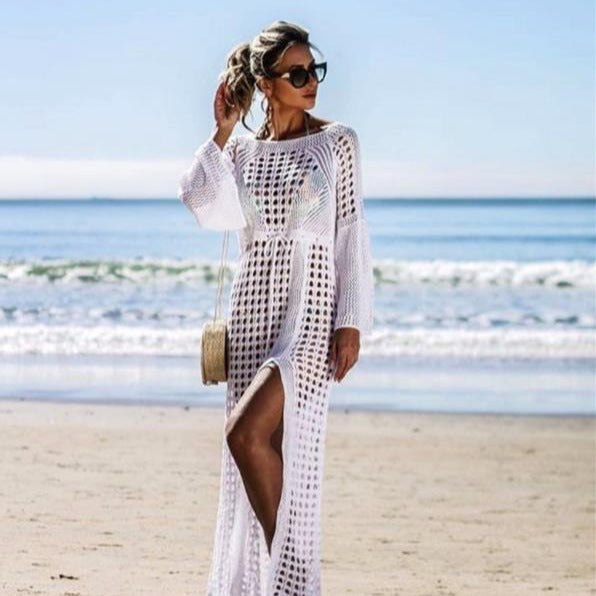 Damen Häkel-Strandkleid mit tiefem V-Ausschnitt und voluminösen Ärmeln EB